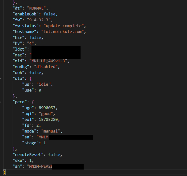 Example device shadow JSON payload